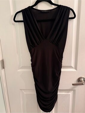 Black Ruched Bodycon Mini Dress | Deep V Cocktail Party Dress